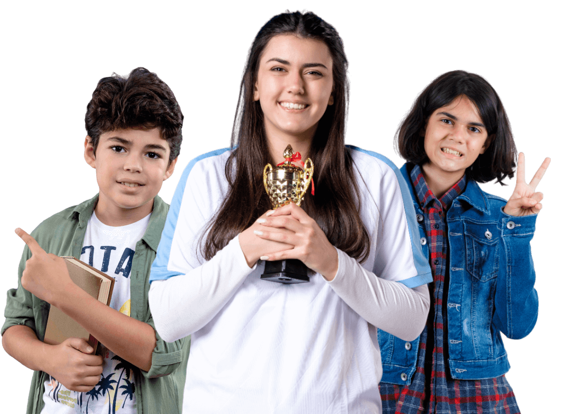 students with trophy